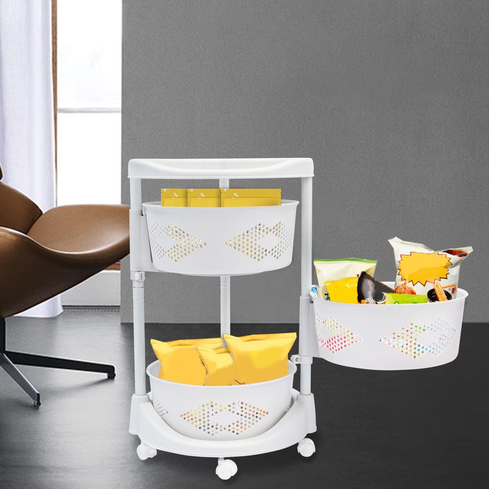 AKaSping 3 Tier Kitchen Storage Rack with Wheels 180 Rotating Storage Shelf Household Floor-Standing Movable Storage Rack for Kitchen Bathroom Living Room Storage Vegetable Fruit Snack