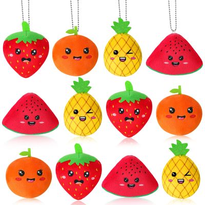 Woanger 12 Pcs Cute Fruit Colorful Fruits Soft Mini Strawberry Orange Pineapple Watermelon Keychain Fruit Doll Gifts