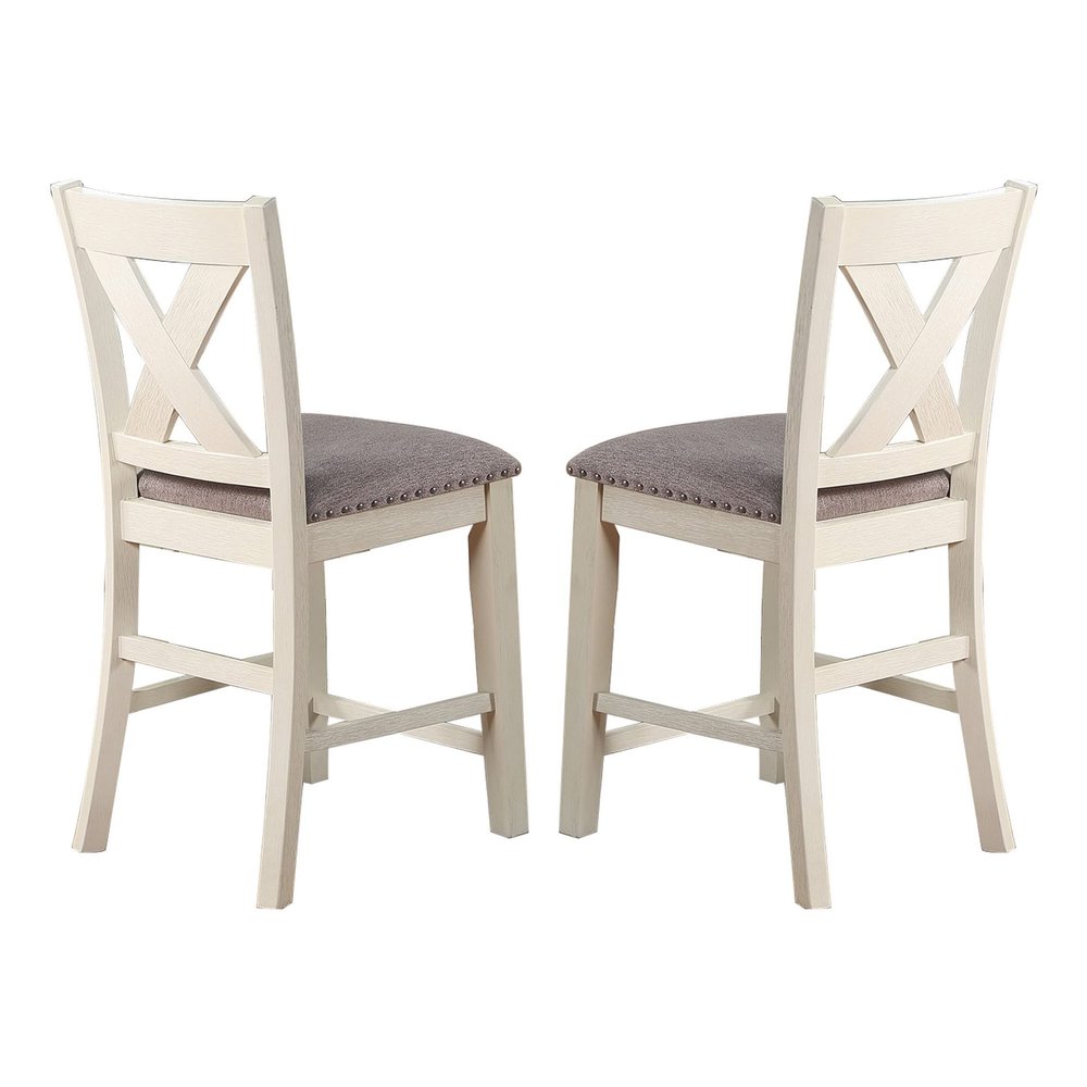 Benjara Joss 40 Inch Cottage Wood Counter Height Chair, Set of 2, Gray Seat, Cream