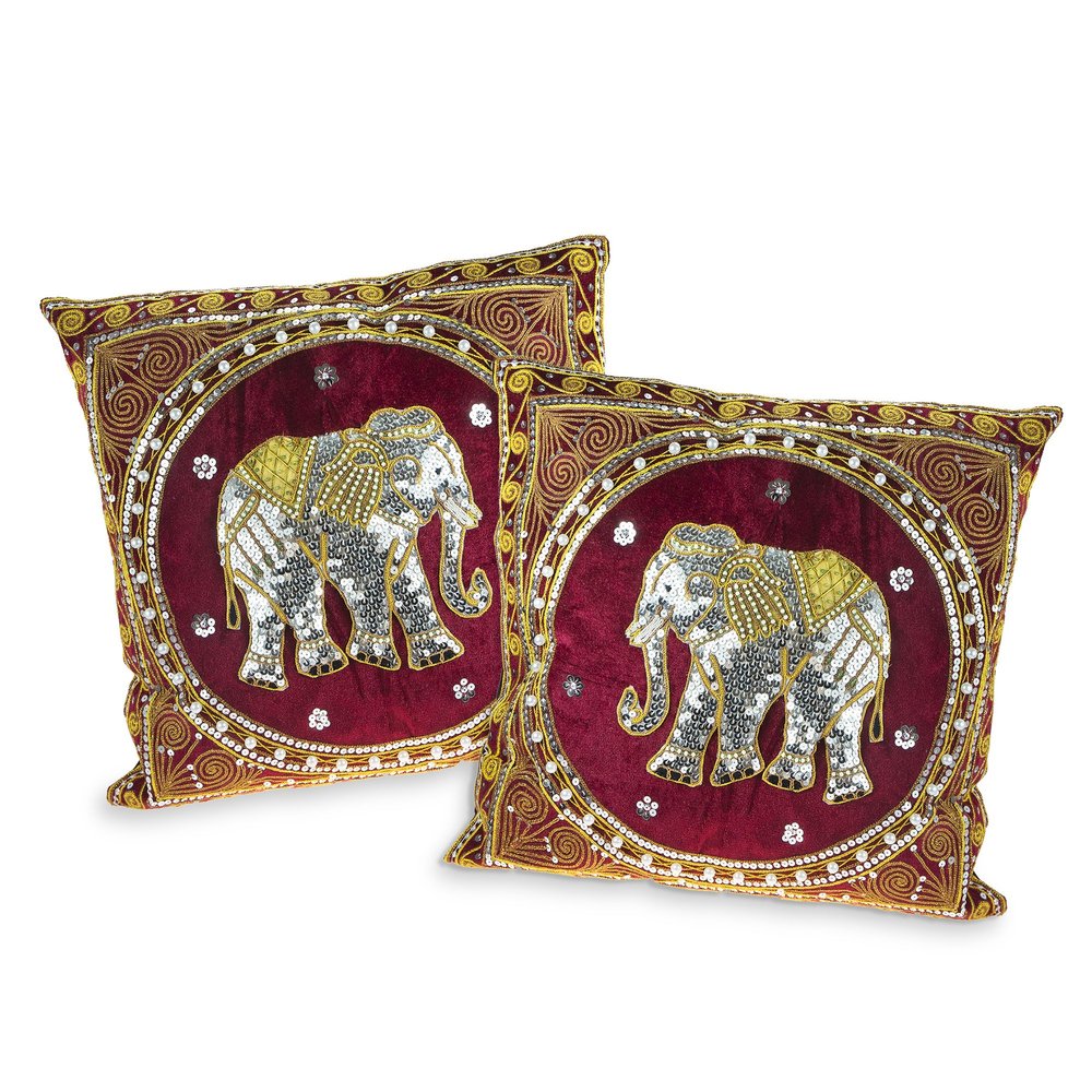 AeraVida Thai Elephant Embroidered Velvet Throw Pillow Cases Set of 2 Red | Embroidered Pillow Covers | Square Decorative Cushion Covers Pillow Cases | Velvet Throw Pillows Cases