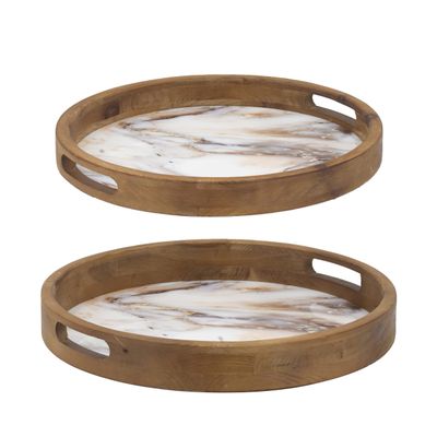 Benjara 18, 15 Inch Round Decorative Tray, Marble Effect, Brown Fir Wood Frame