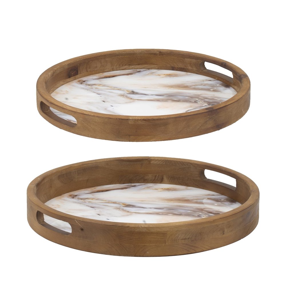 Benjara 18, 15 Inch Round Decorative Tray, Marble Effect, Brown Fir Wood Frame