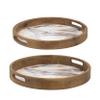 Benjara 18, 15 Inch Round Decorative Tray, Marble Effect, Brown Fir Wood Frame view 1