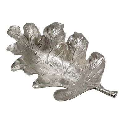 Benjara 22 Inch Modern Decorative Tray, Oak Leaf Design Striking Silver Metal Frame