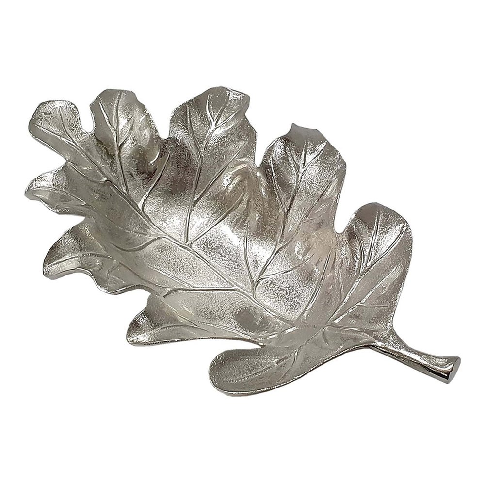 Benjara 22 Inch Modern Decorative Tray, Oak Leaf Design Striking Silver Metal Frame