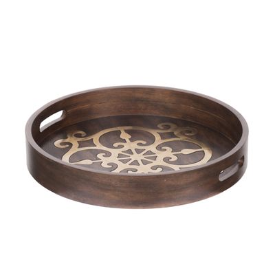 Benjara 18 Inch Round Decorative Tray, Brass Inlaid Design and Brown Wood Frame