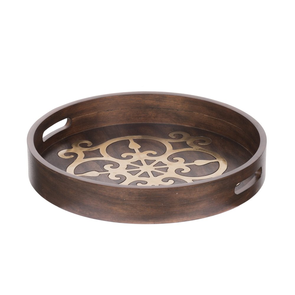 Benjara 18 Inch Round Decorative Tray, Brass Inlaid Design and Brown Wood Frame