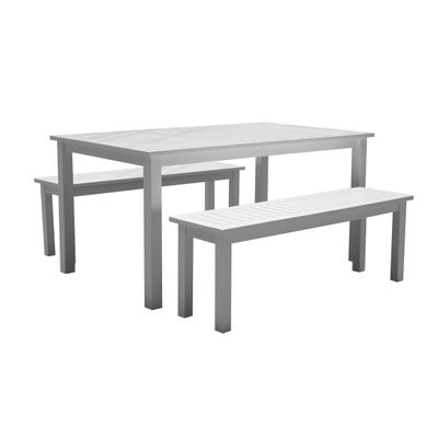 Benjara Felix 3 Piece Modern Dining Set, Crisp Acacia Wood Frame, 6 Seater, White and Gray