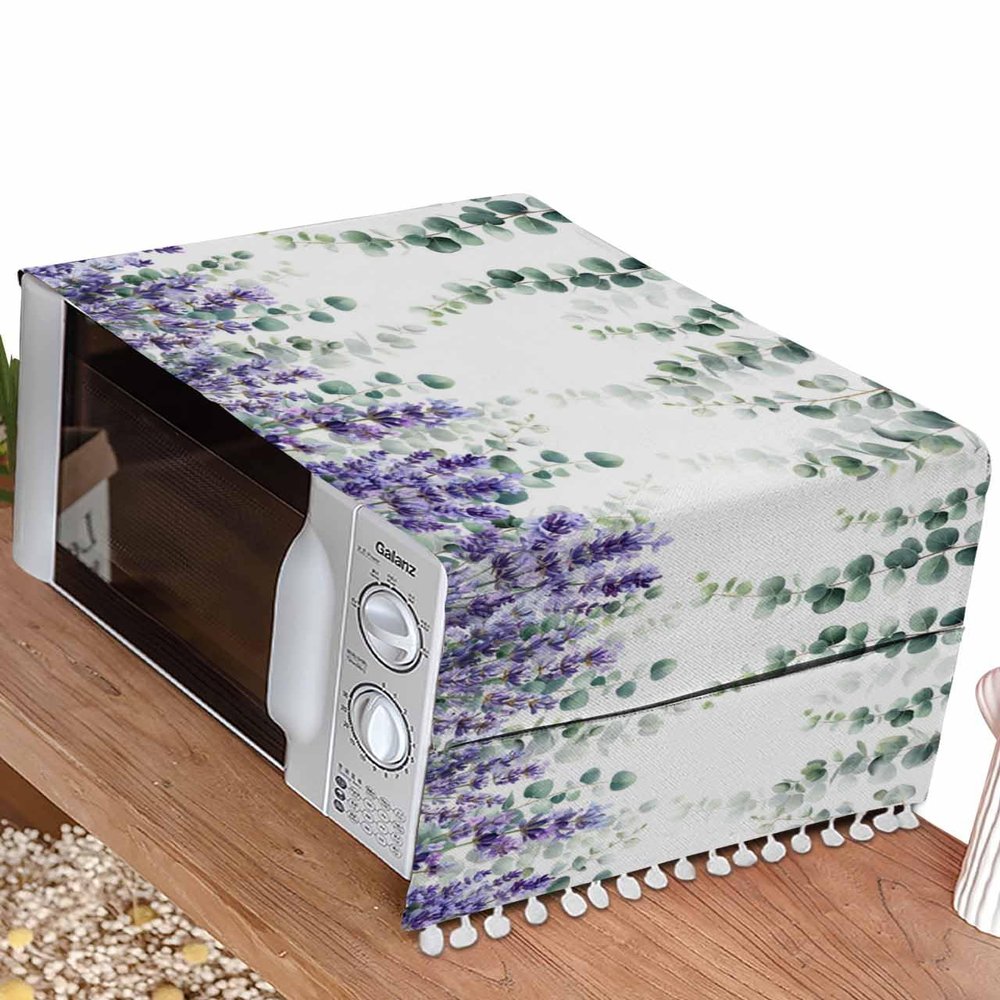 Microwave Oven Dust Cover, Purple Lavender Flower Eucalyptus Leaves Summer Plant Anti-Slip Refrigerator Dust Cover Washing Machine Top Cover with Storage Pockets 21" X 51"