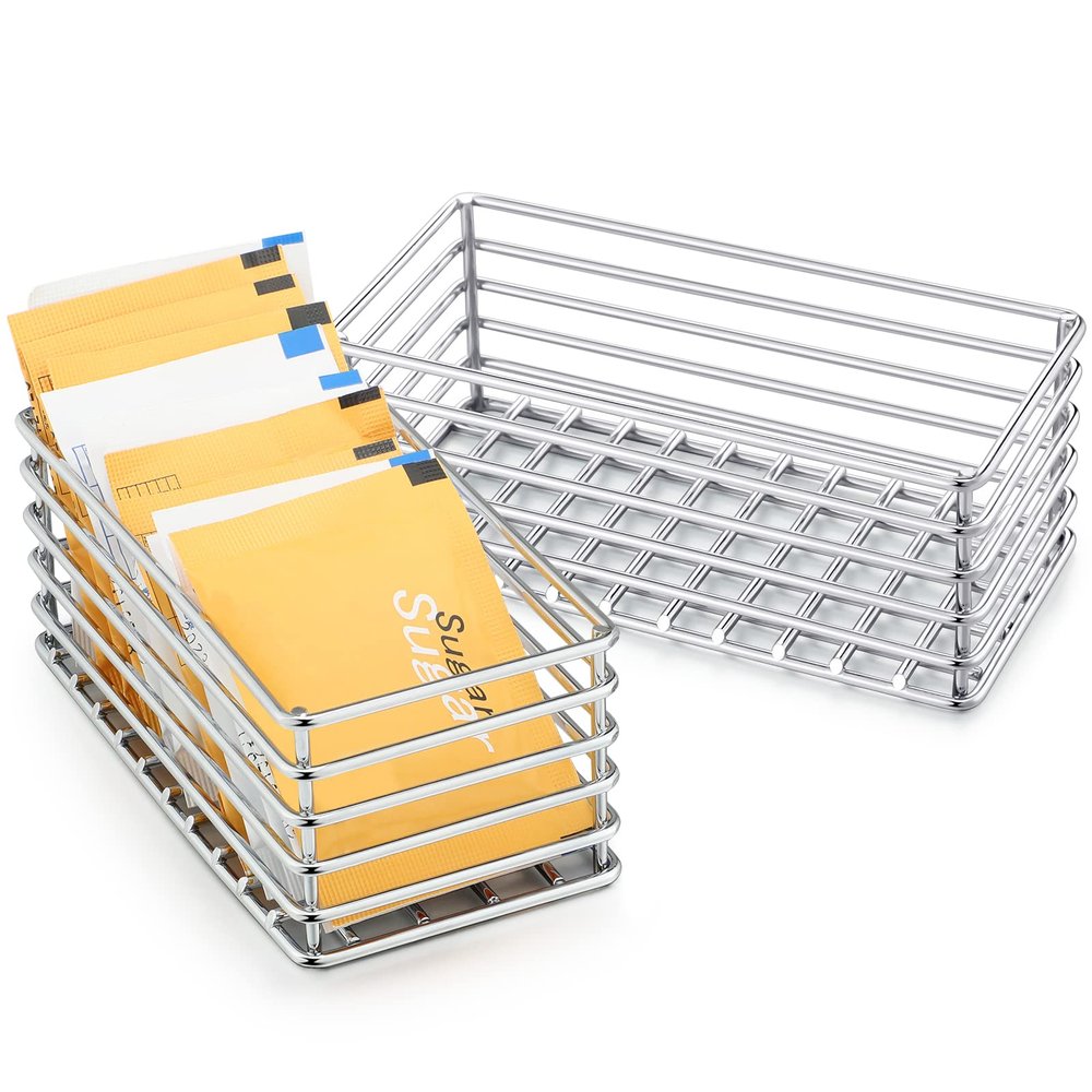 2 Pcs Sugar Packet Basket Sugar Packet Rack Small Caddy Iron Organizer for Coffee Bar Tea Storage, 4.5" x 2.25" x 1.75"(Silver)