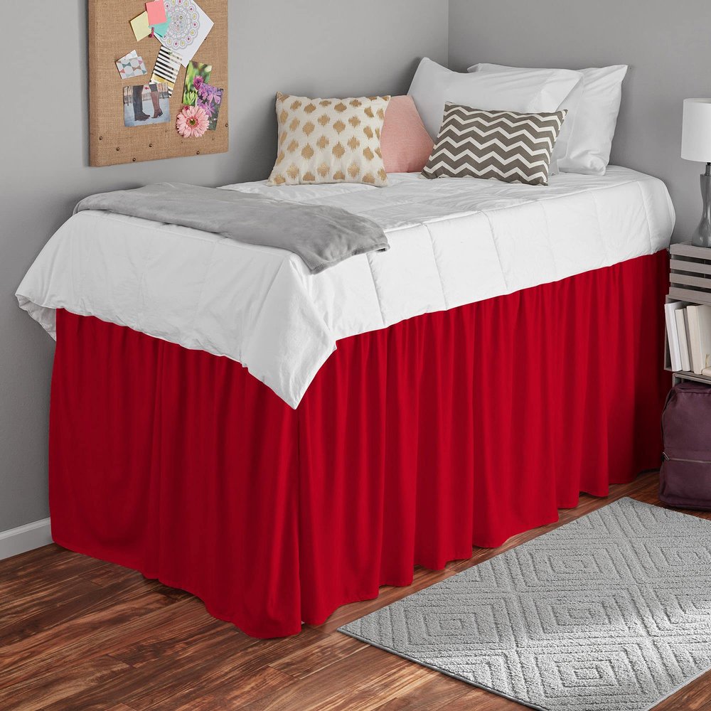 Bed Skirt for Dorm Room, Ruffled Dorm Sized Bed Skirt Three Fabric Sides College Dorm Bed Skirt - 100% Cotton 800 Thread Count - Dorm Bed Skirt Twin XL 46" Tailored Drop Red