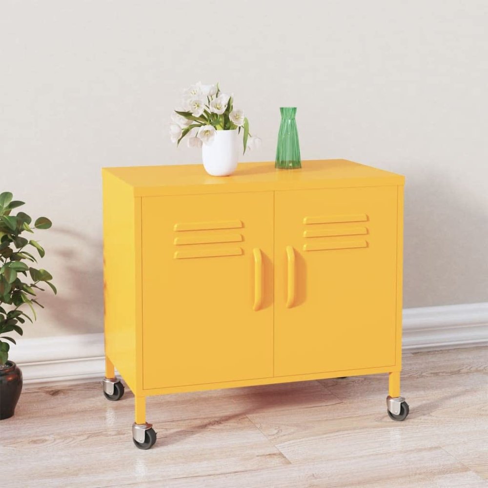 loibinfen Metal Storage Cabinet, Steel Storage Cabinet with 4 Wheels and 2 Doors, Office Storage Cabinet, Metal Garage Storage Cabinet for Storage, Mustard Yellow 23.6"x13.8"x22"