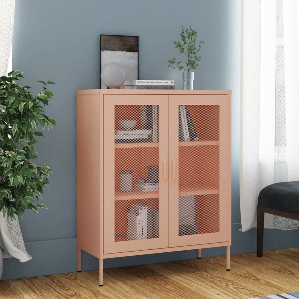 loibinfen Metal Storage Cabinet, Steel Storage Cabinet with 2 Mesh Doors and 2 Adjustable Shelves, Office Storage Cabinet, Metal Garage Storage Cabinet for Storage, Pink 31.5"x13.8"x40"