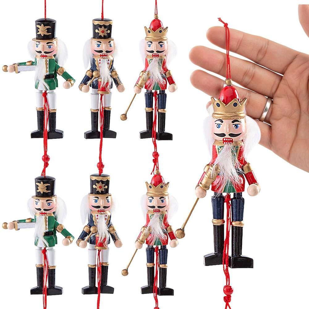 Dancing Nutcracker Pull-String Wood Christmas Ornaments, 6 Pieces