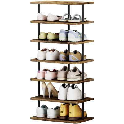 AZERPIAN Shoe Rack 7 Tier Vertical Storage Organizer Double Row Narrow Metal Slim Shelf Modern Free Standing Shoe Tower Saving Space for Closet Entryway Bedroom,Black+Rustic Brown