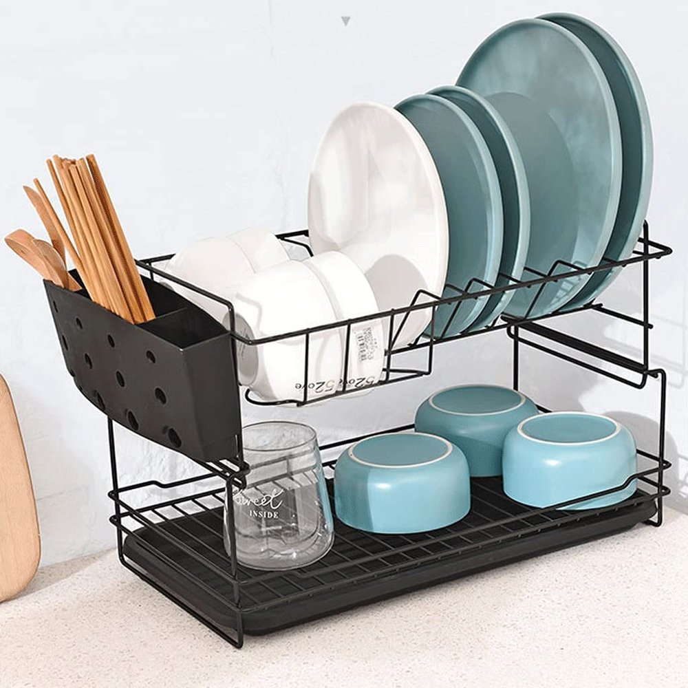 2 Tier Countertop Dish Rack, Plated Iron Utensil Holder, with Detachable Dish Rack, Dry Easily Practical in Kitchen