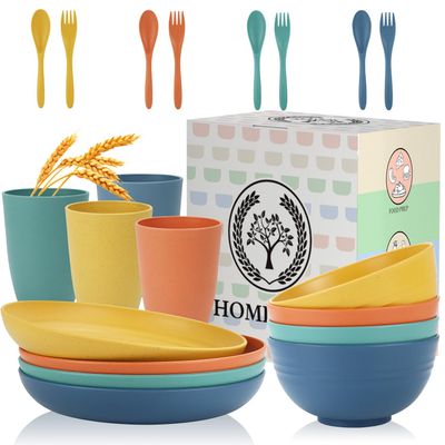 Homienly Wheat Straw Plates and Bowls Sets Unbreakable Dinnerware Set 20 PCS Dish Set for Camping, Party, Picnic Microwave and Dishwasher Safe Kitchen Dinner Set Apartment Essentials (Multicolor)