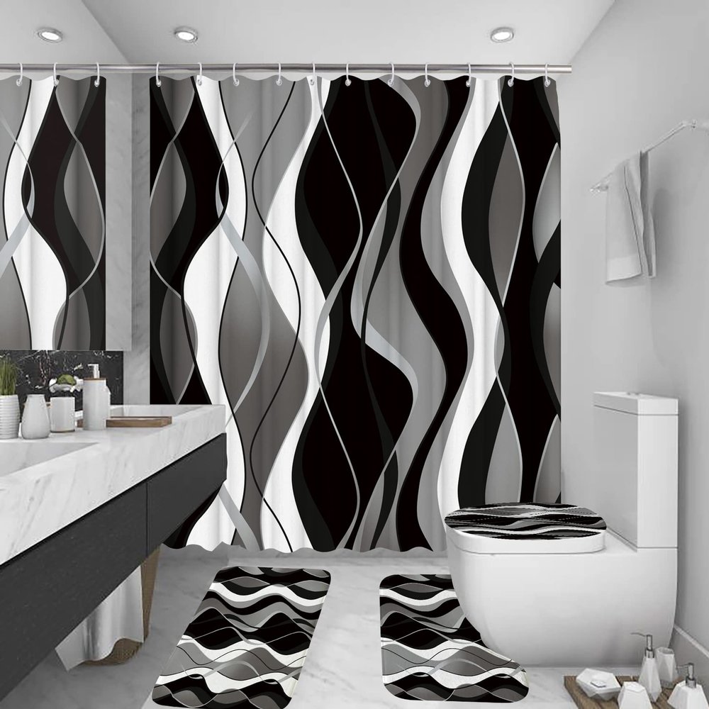 beifivcl 4Pcs Black Shower Curtain Sets with Non-Slip Rugs, Toilet Lid Cover and Bath Mat, Black and Gray Bathroom Decor Set Accessories Fabric Waterproof Shower Curtains with 12 Hooks, 72 x 72 Inch