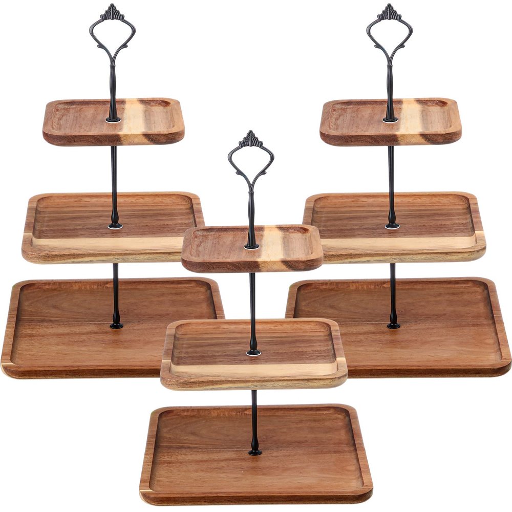 3 Pcs 3 Tier Serving Tray Square Wooden Tiered Cake Stand Acacia Wood Rustic Cupcake Display for Dessert Square Farmhouse Party, Wedding, Tea Party