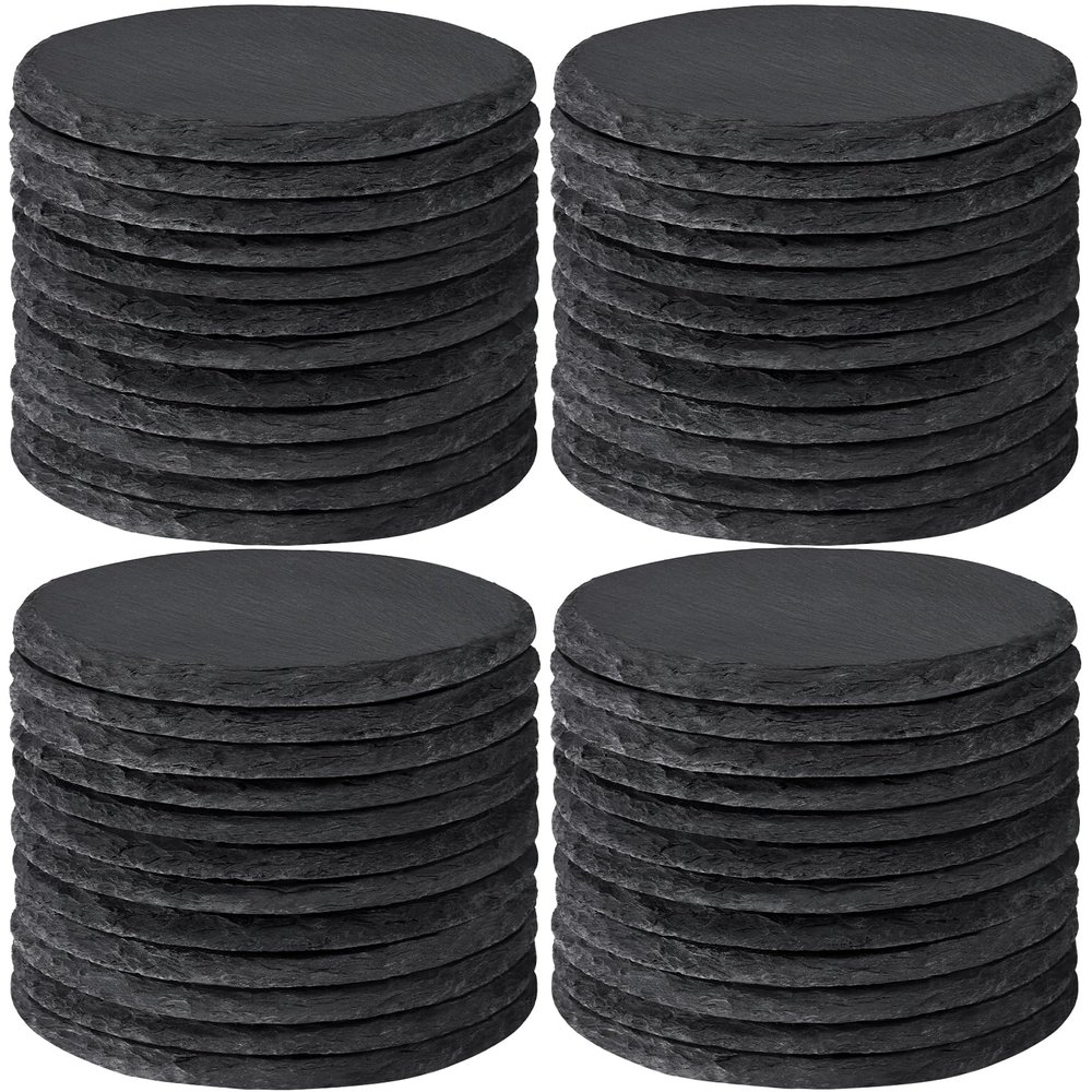 48 PCS Round Slate Drinks Coasters Bulk for Laser Engraving, MAPRIAL 4 Inch Handmade Black Rustic Stone Coaster Laser Blanks with Anti-Scratch Backing for Engraver, Wedding, Gifts, Home Decor, Bar