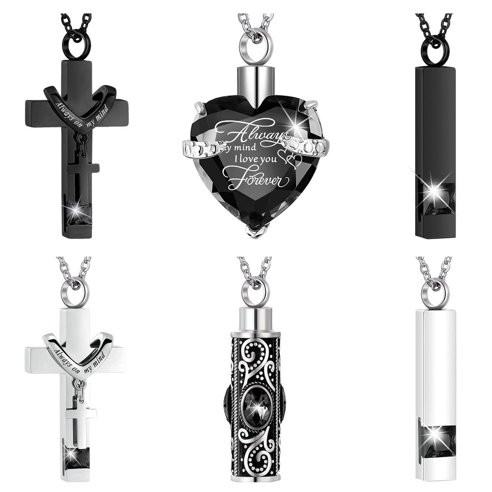 Fumete 6 Pcs Ashes Necklace Urn Jewelry for Human Ashes Memorial - Men & Women Pendant(Black)