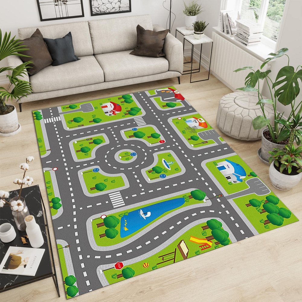 Cartoon City Road House Area Rug, Cute Children Crawling Nursery Carpet, Large Rug Soft Non-Slip Washable Light Weight for Living Room Bedroom Dining Room Boy Girl Hallway Decor5 x 7ft