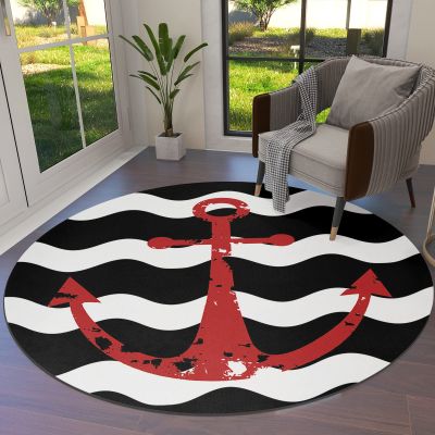 Round Area Rug 3 Ft for Bathroom Collection Room Area Floor Mat Red Nautical Anchor Navy Blue Wavy Stripes Non-Slip and Washable Carpets for Indoor Bedroom Kids Room Home Decor