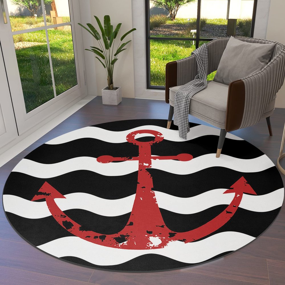 Round Area Rug 3 Ft for Bathroom Collection Room Area Floor Mat Red Nautical Anchor Navy Blue Wavy Stripes Non-Slip and Washable Carpets for Indoor Bedroom Kids Room Home Decor