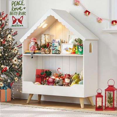 Curipeer Kids Dollhouse Bookshelf, Wooden Bookcase Storage with Motion-Activated Light, 2-Tier Open Display Organizer for Toys, Books, Baby Bookshelf for Birthday, Christmas, Classroom Storage, White
