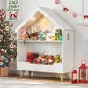Curipeer Kids Dollhouse Bookshelf, Wooden Bookcase Storage with Motion-Activated Light, 2-Tier Open Display Organizer for Toys, Books, Baby Bookshelf for Birthday, Christmas, Classroom Storage, White view 1