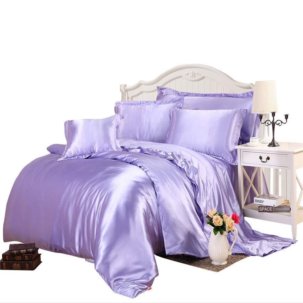 Phoenix Citadel All Season Silk Satin 7 Pieces Comforter Set Queen Lilac (Comforter + Flat Sheet + Fitted Sheet 16'' & 4 Pillowcases) 500 GSM Comforter Sheet Set Wrinkle & Fade Resistant