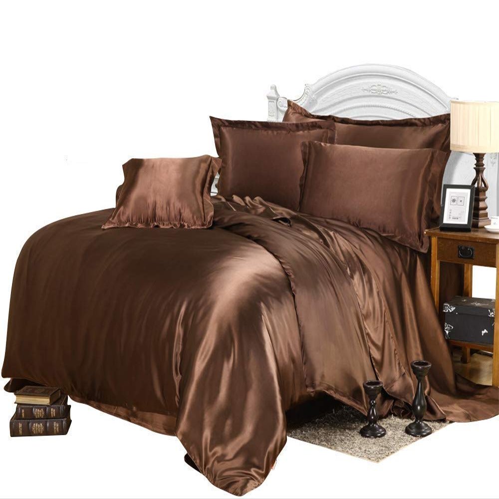Phoenix Citadel All Season Silk Satin 7 Pieces Comforter Set Alaska King Chocolate (Comforter + Flat Sheet + Fitted Sheet 16'' & 4 Pillowcases) 500 GSM Comforter Sheet Set Wrinkle & Fade Resistant