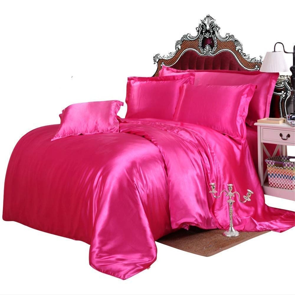 Phoenix Citadel All Season Silk Satin 7 Pieces Comforter Set Full Hot Pink (Comforter + Flat Sheet + Fitted Sheet 16'' & 4 Pillowcases) 500 GSM Comforter Sheet Set Wrinkle & Fade Resistant