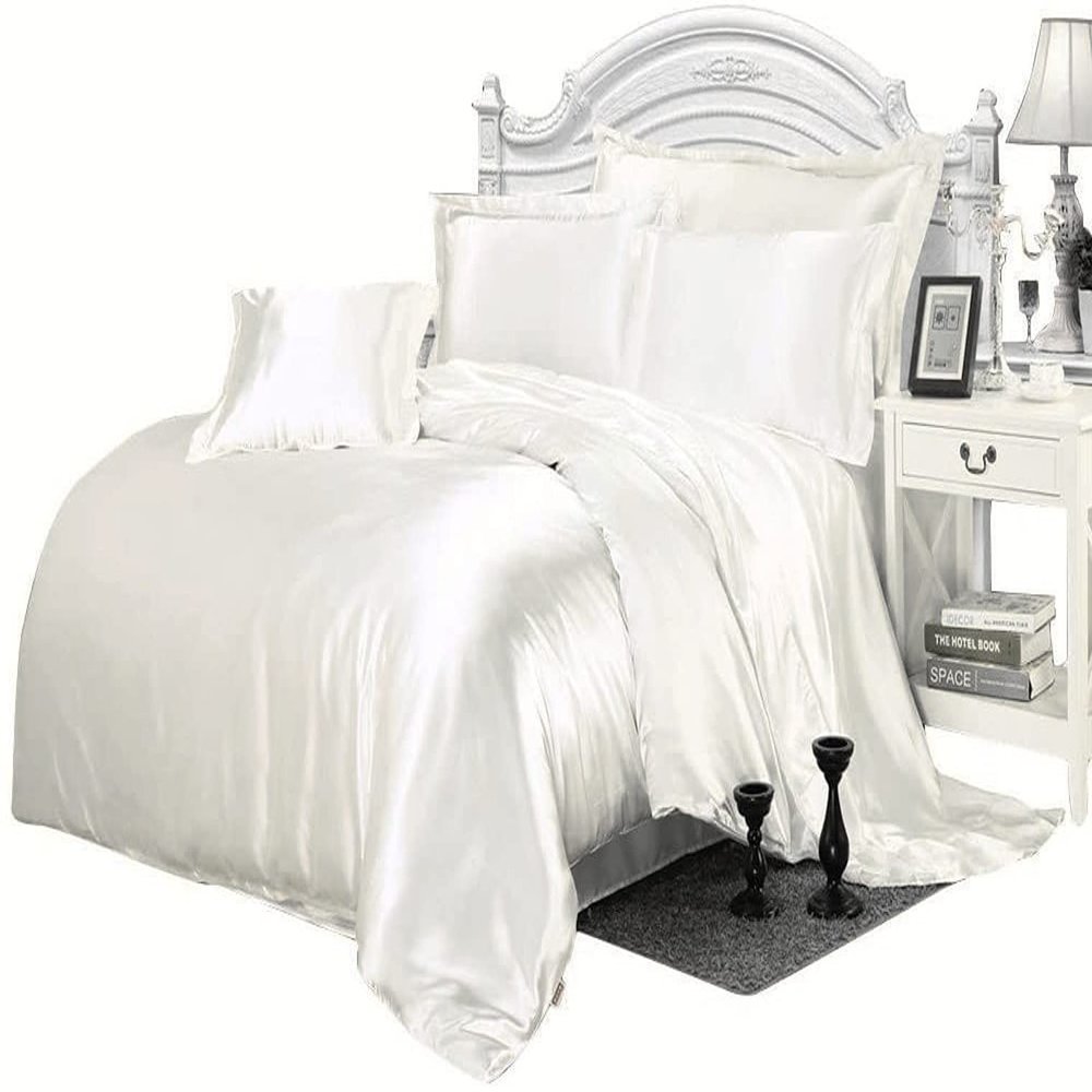 Phoenix Citadel All Season Silk Satin 7 Pieces Comforter Set Queen White (Comforter + Flat Sheet + Fitted Sheet 16'' & 4 Pillowcases) 500 GSM Comforter Sheet Set Wrinkle & Fade Resistant