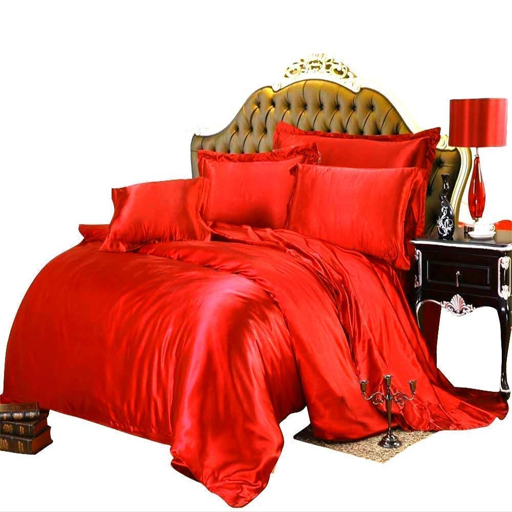 Phoenix Citadel All Season Silk Satin 7 Pieces Comforter Set Oversized Queen Red (Comforter + Flat Sheet + Fitted Sheet 16'' & 4 Pillowcases) 500 GSM Comforter Sheet Set Wrinkle & Fade Resistant