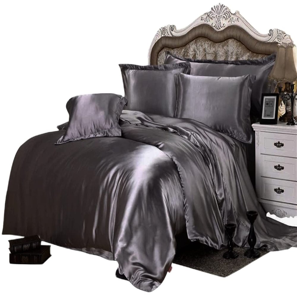 Phoenix Citadel All Season Silk Satin 7 Pieces Comforter Set King Dark Gray (Comforter + Flat Sheet + Fitted Sheet 16'' & 4 Pillowcases) 500 GSM Comforter Sheet Set Wrinkle & Fade Resistant
