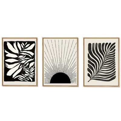 Gufro Framed Abstract Wall Art Decor Modern Minimalist Plant leaves Wall Art Sunrise Line Wall Decor, Office,16''x24'' Natural Framed