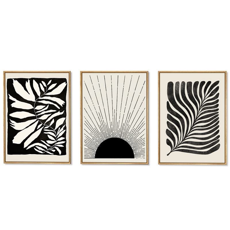 Gufro Framed Abstract Wall Art Decor Modern Minimalist Plant leaves Wall Art Sunrise Line Wall Decor, Office,16''x24'' Natural Framed