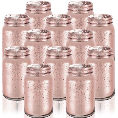 12 Pcs Decorative Mason Jars 16oz Painted Wide Mason Jars for Table Centerpiece DIY Home Decoration Birthday Housewarming Party Wedding Favor(Rose Gold)