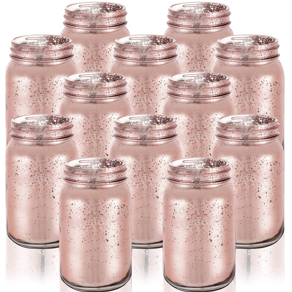 12 Pcs Decorative Mason Jars 16oz Painted Wide Mason Jars for Table Centerpiece DIY Home Decoration Birthday Housewarming Party Wedding Favor(Rose Gold)