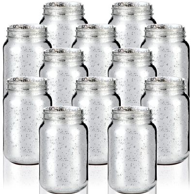 12 Pcs Decorative Mason Jars 16oz Painted Wide Mason Jars for Table Centerpiece DIY Home Decoration Birthday Housewarming Party Wedding Favor(Silver)