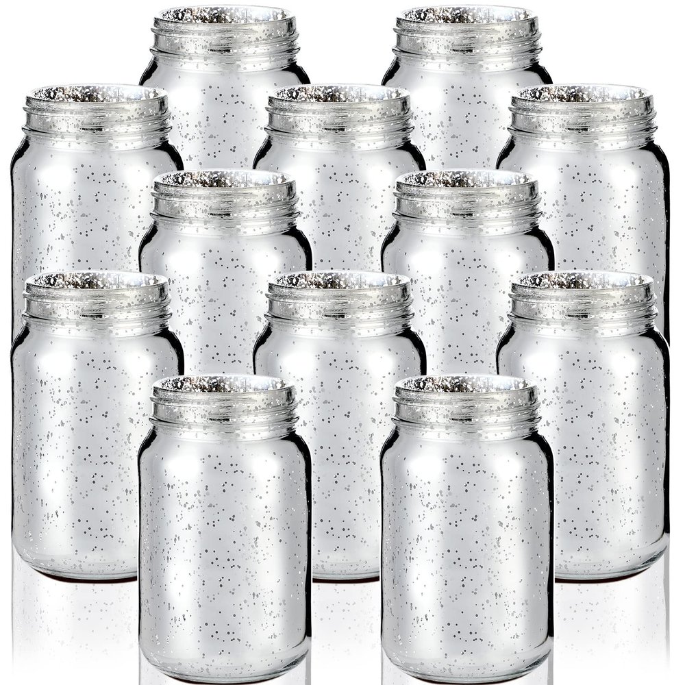 12 Pcs Decorative Mason Jars 16oz Painted Wide Mason Jars for Table Centerpiece DIY Home Decoration Birthday Housewarming Party Wedding Favor(Silver)