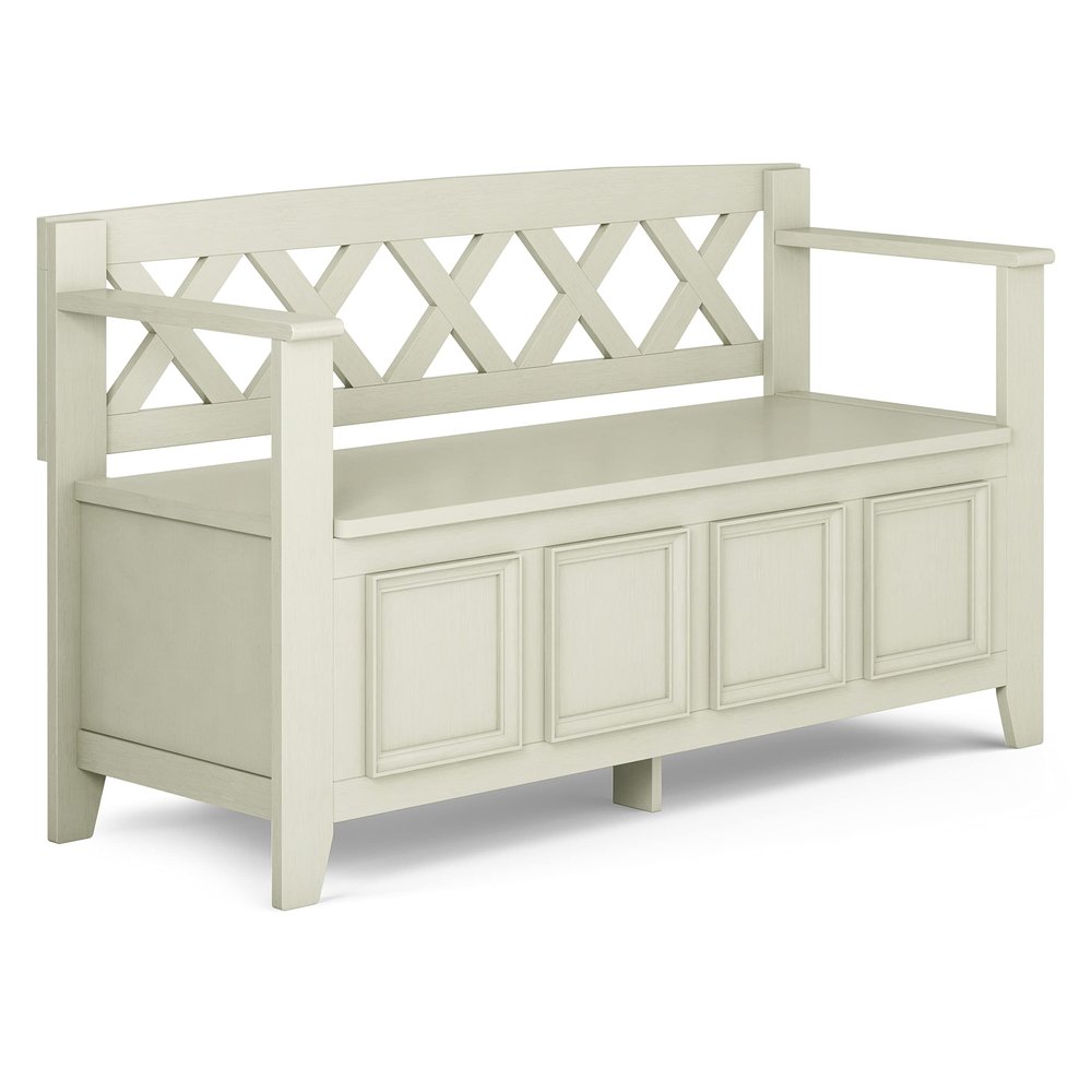 SIMPLIHOME Amherst Entryway Storage Bench - 48 inch Wide Solid Wood Hallway Seat in Antique White, Transitional Bench for Entryway or Living Room with Lift-Up Lid and Spacious Storage