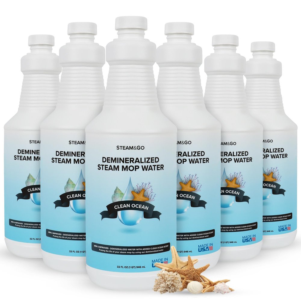 Steam & Go Demineralized Water - Multisurface Cleaner, PVC-Free Ready-to-Use for Mops & Floor Steamers - Ideal for Kitchen, Bathroom, & Home Surfaces - Clean Ocean Scent - 32oz (Pack of 6)