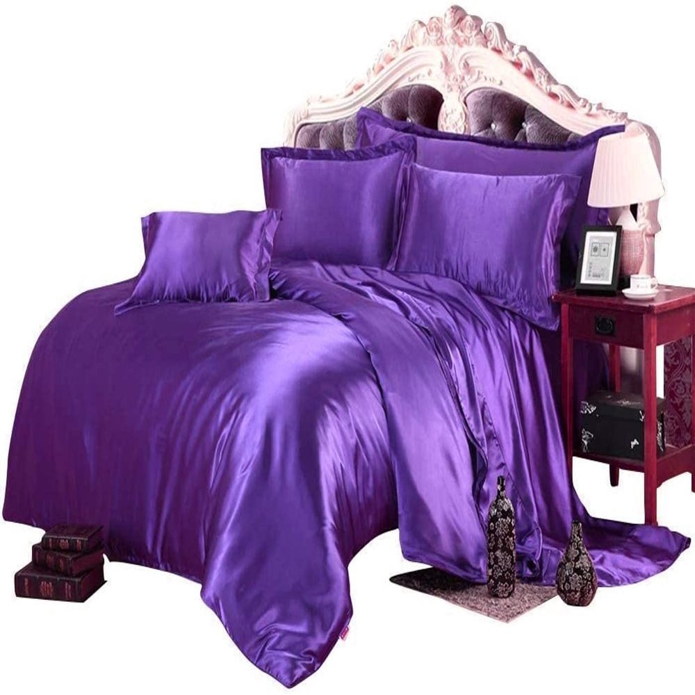 Phoenix Citadel All Season Silk Satin 7 Pieces Comforter Set Oversized Queen Plum (Comforter + Flat Sheet + Fitted Sheet 16'' & 4 Pillowcases) 500 GSM Comforter Sheet Set Wrinkle & Fade Resistant