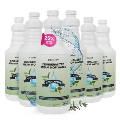 Steam & Go Demineralized Water for Steam Cleaner, PVC-Free Floor Cleaning Liquid Compatible With Any Steam Mop, Ready-to-Use Multisurface Cleaner, Scented, Eucalyptus Mint, 32 oz, Pack of 6