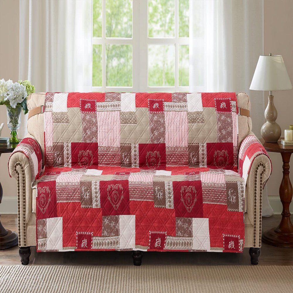 Brilliant Sunshine Burgundy Heart Love Patchwork Couch Cover, Quilted X-Large Sofa Slipcover, 78" Seat Width, Slip Resistant Furniture Protector, 2" Strap, Washable Couch Cover for Kids, Dogs,Burgundy