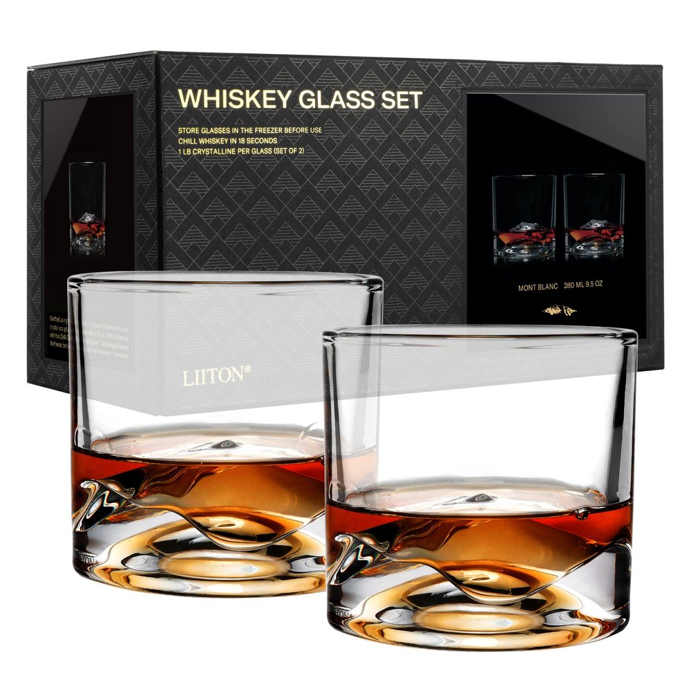LIITON Mont Blanc Heavy Crystal Whiskey Glasses Gift Set of 2, Thick Freezable Bourbon Glass 1lb Each, Premium Valentine Gifts For Men, Frozen Crystal Chills Cocktails, 10 oz