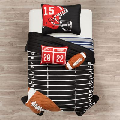 Lush Decor American Football Reversible Quilt Twin Size 4 Piece Set Black & Navy - Toddler Bedding Set Twin Quilt - Kids Bedroom Football Decor