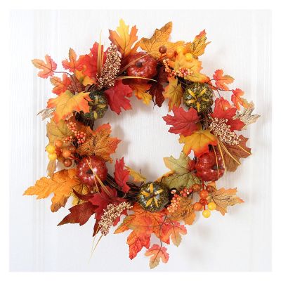 Welcome Wreath Halloween Theme Autumn Garland Pumpkin Berry with Light 40CM Door Hanging Harvest Festival Thanksgiving VineRing Home Decoration Artificial Eucalyptus Wreath (Color : Brass)